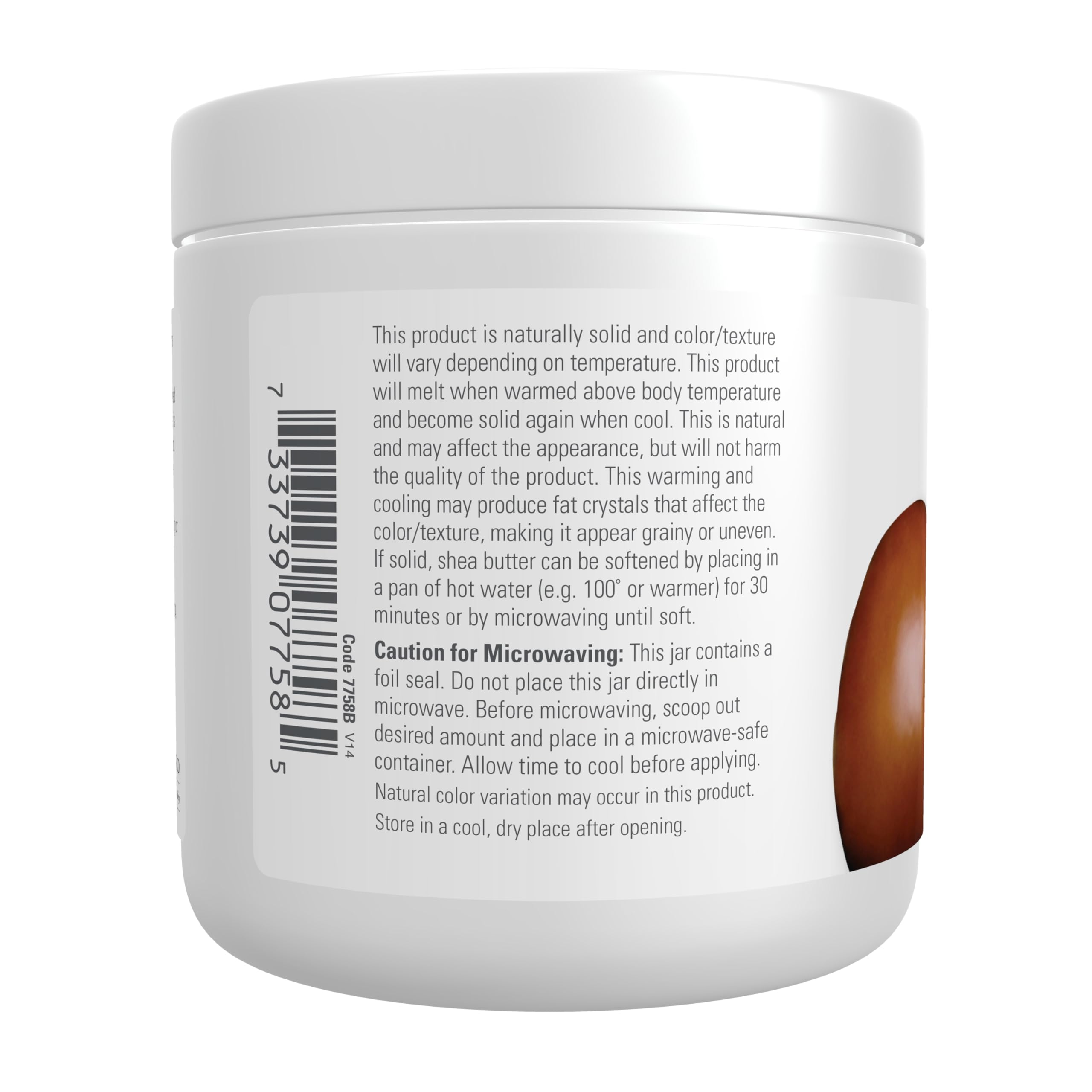 Envase de 7 oz de NOW Foods Solutions mantequilla de karité para uso diario.