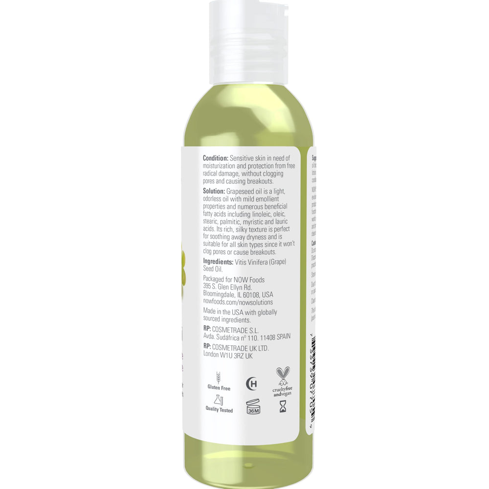 NOW Solutions Aceite de Semilla de Uva, textura sedosa para piel suave y sin poros.