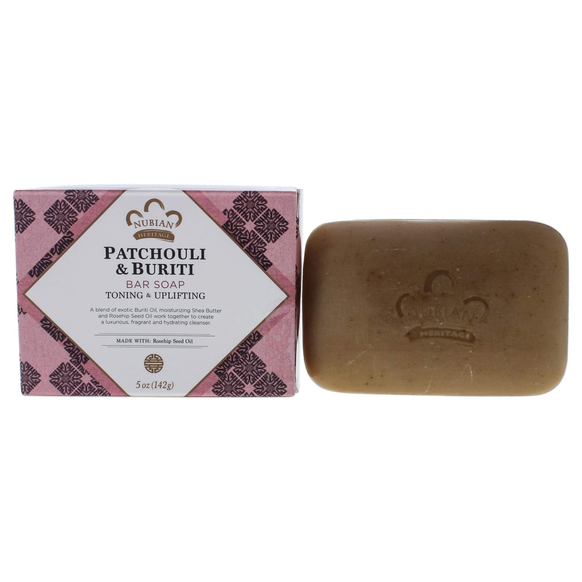 Jabón Nubian Heritage Patchouli Buriti, vista de empaque, hidrata la piel.