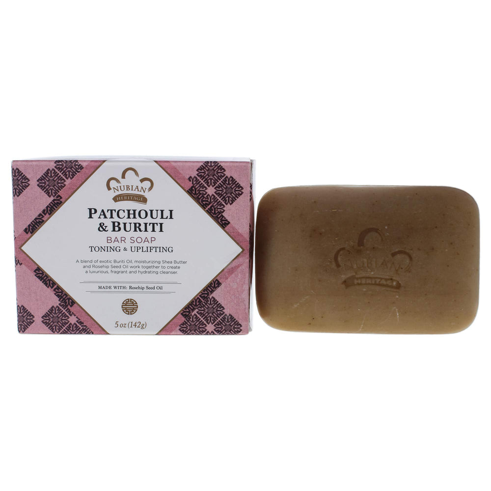 Jabón Nubian Heritage Patchouli Buriti, vista de empaque, hidrata la piel.