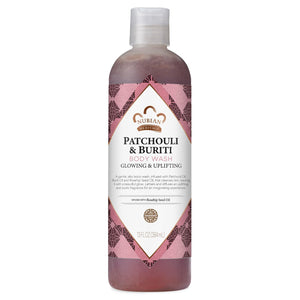 Nubian Heritage Body Wash Patchouli Buriti, botella derramando, ideal para despertar sentidos al ducharse