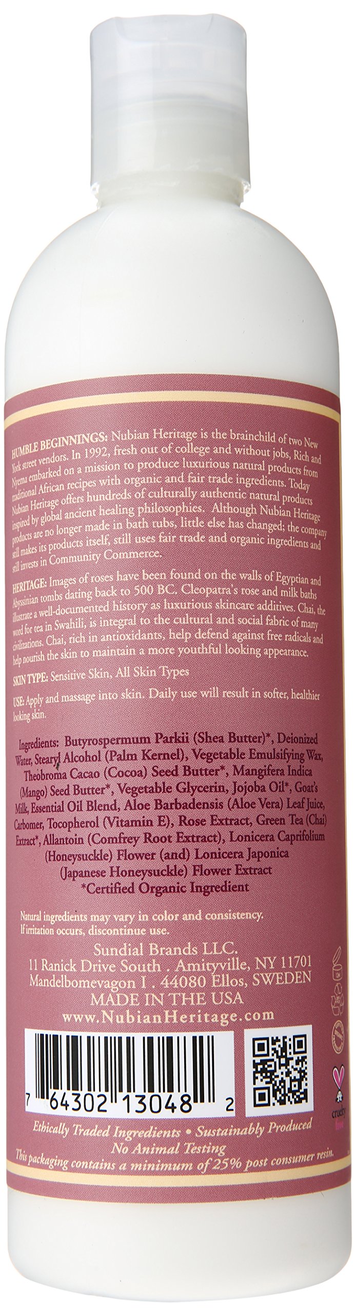 Nubian Heritage Loción Leche de Cabra y Chai, textura cremosa para uso diario nutritivo.