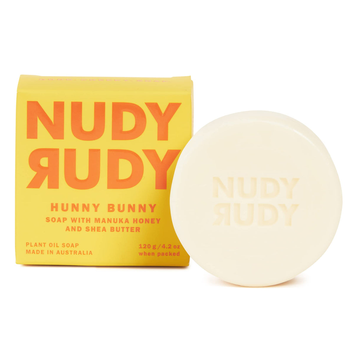 Nudy Rudy Hunny Bunny, barra jabón primer plano, textura suave para piel sensible.