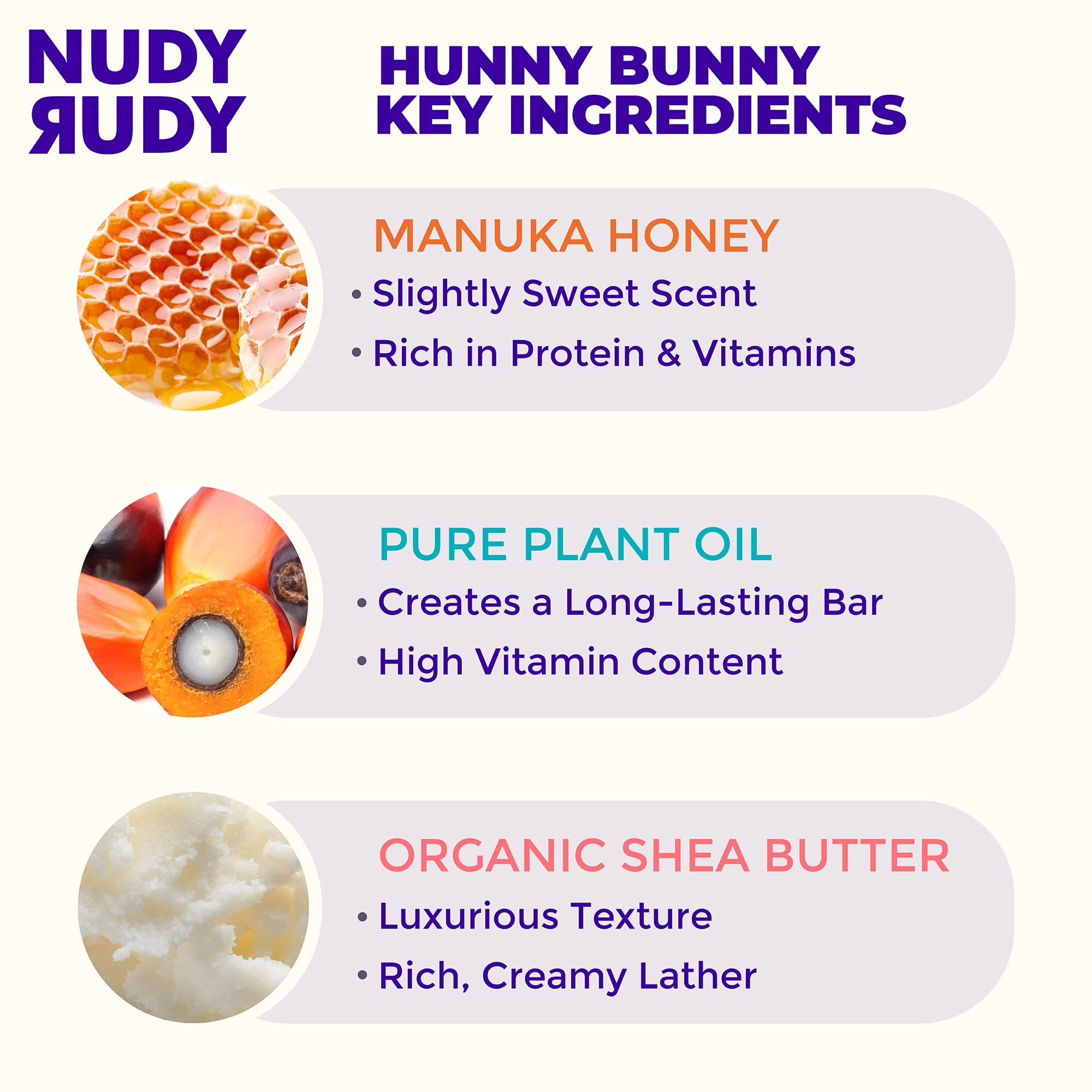 Nudy Rudy Hunny Bunny, detalle miel Manuka, limpieza suave.