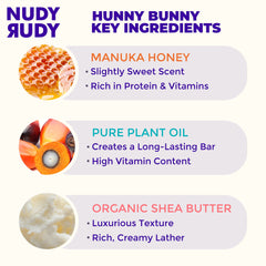 Nudy Rudy Hunny Bunny, detalle miel Manuka, limpieza suave.