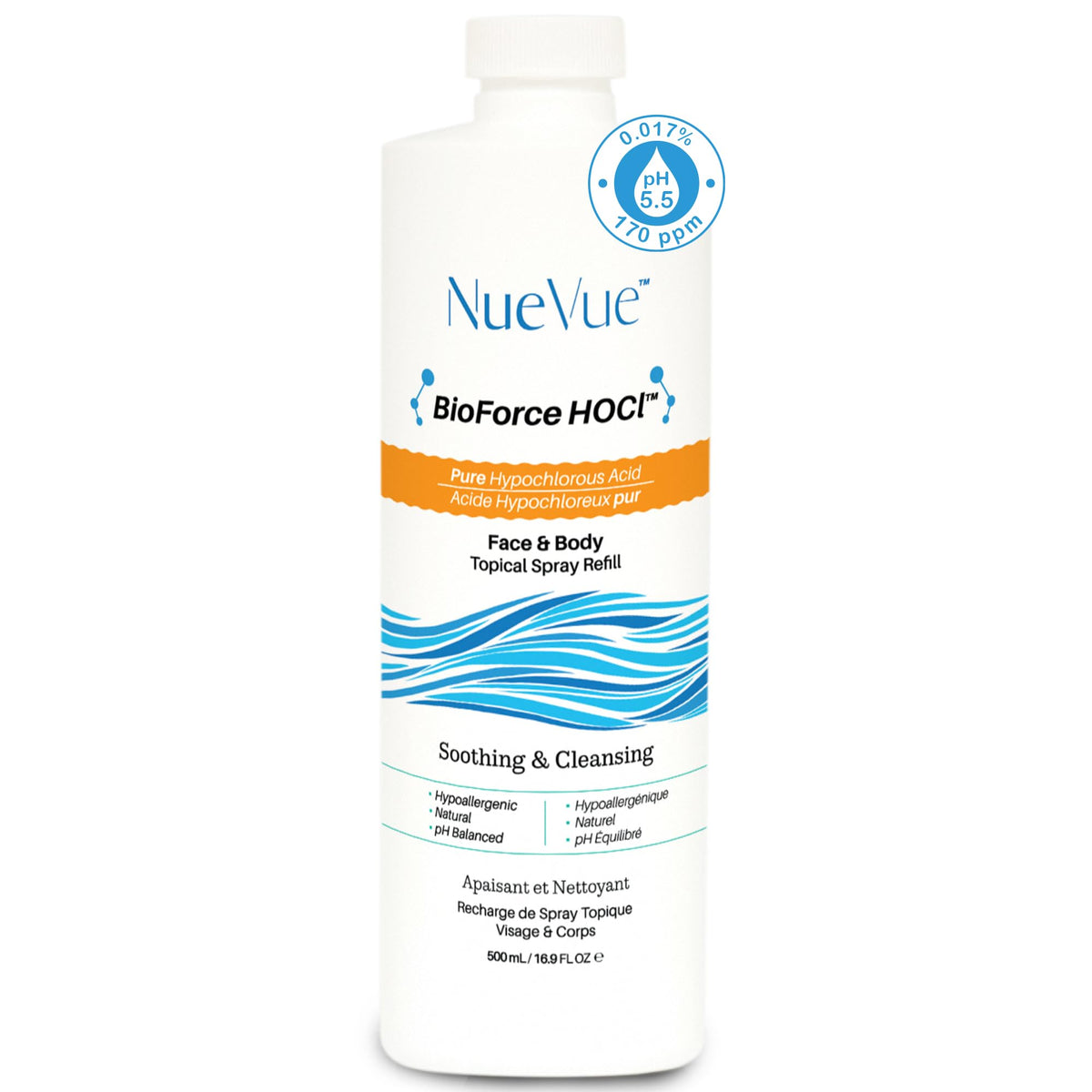NueVue BioForce HOCl recarga 500 ml para refrescar la piel con suavidad