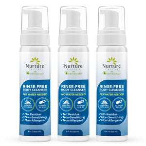 Nurture Valley limpiador espumoso sin agua en botella para ducha rápida y limpia.