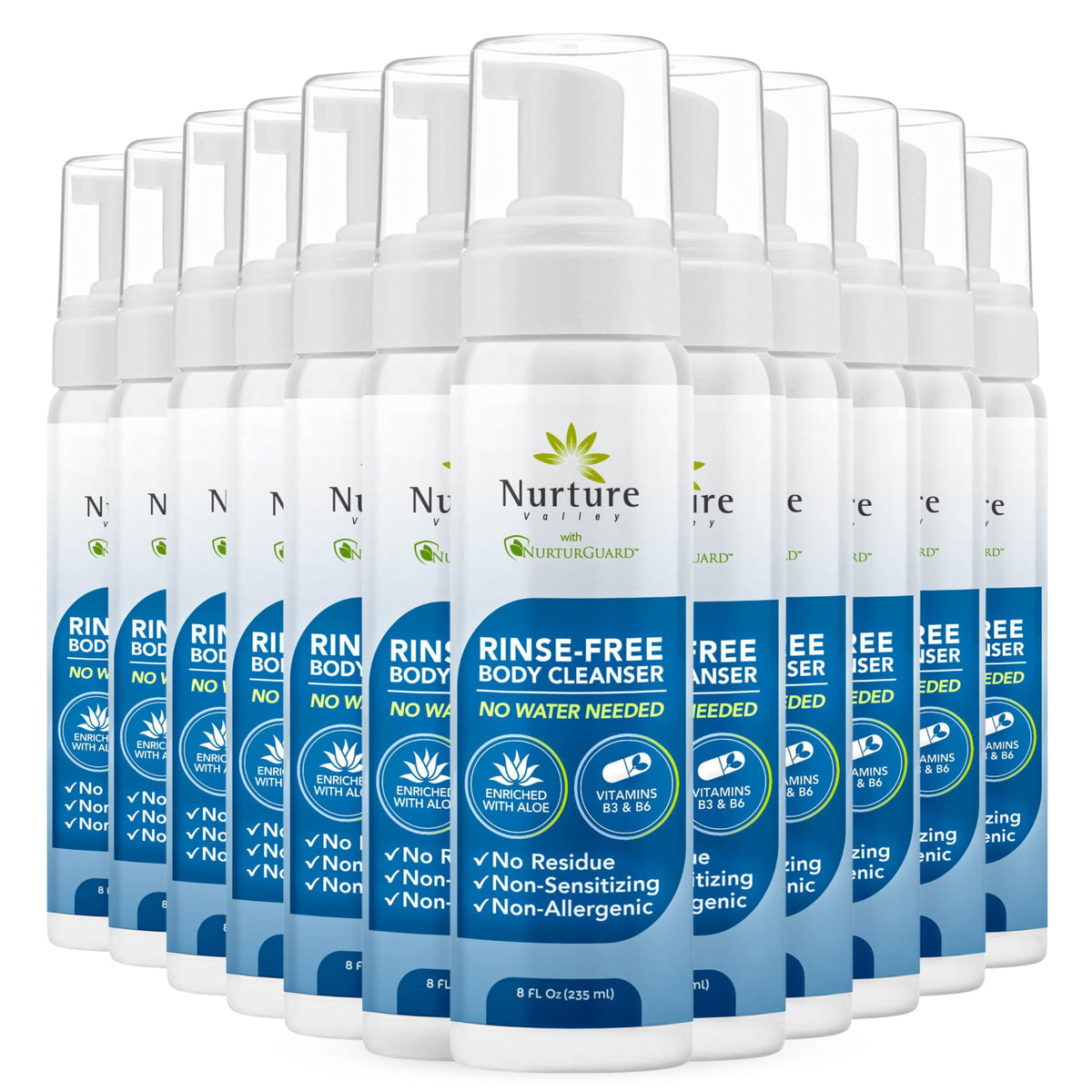 Nurture Valley limpiador espumoso sin aclarado en botella para piel sensible.