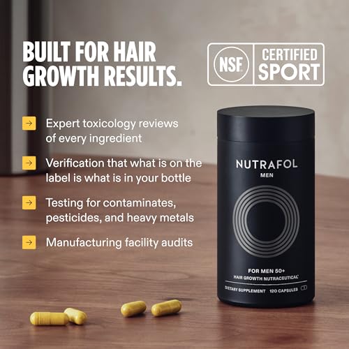 Nutrafol Men 50+ bottle with finger pointing to 1-month supply.