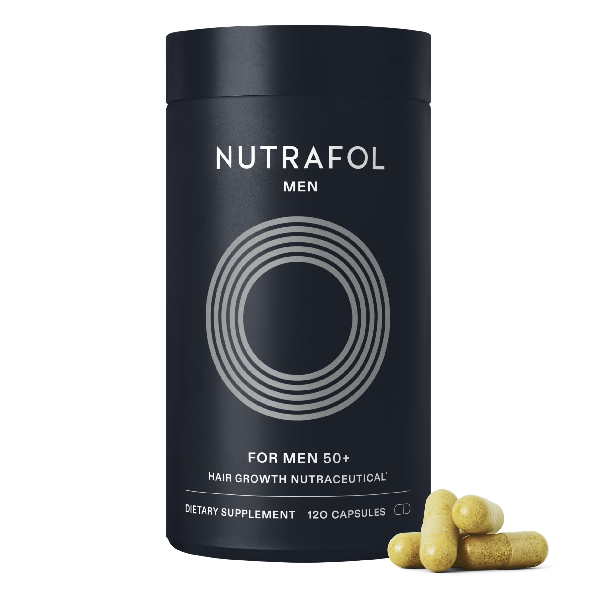 Nutrafol Men 50+ bottle promotes hair growth support and scalp coverage.