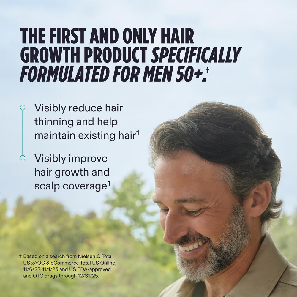 Nutrafol Men 50+ capsules shown for daily intake and thinning hair support.