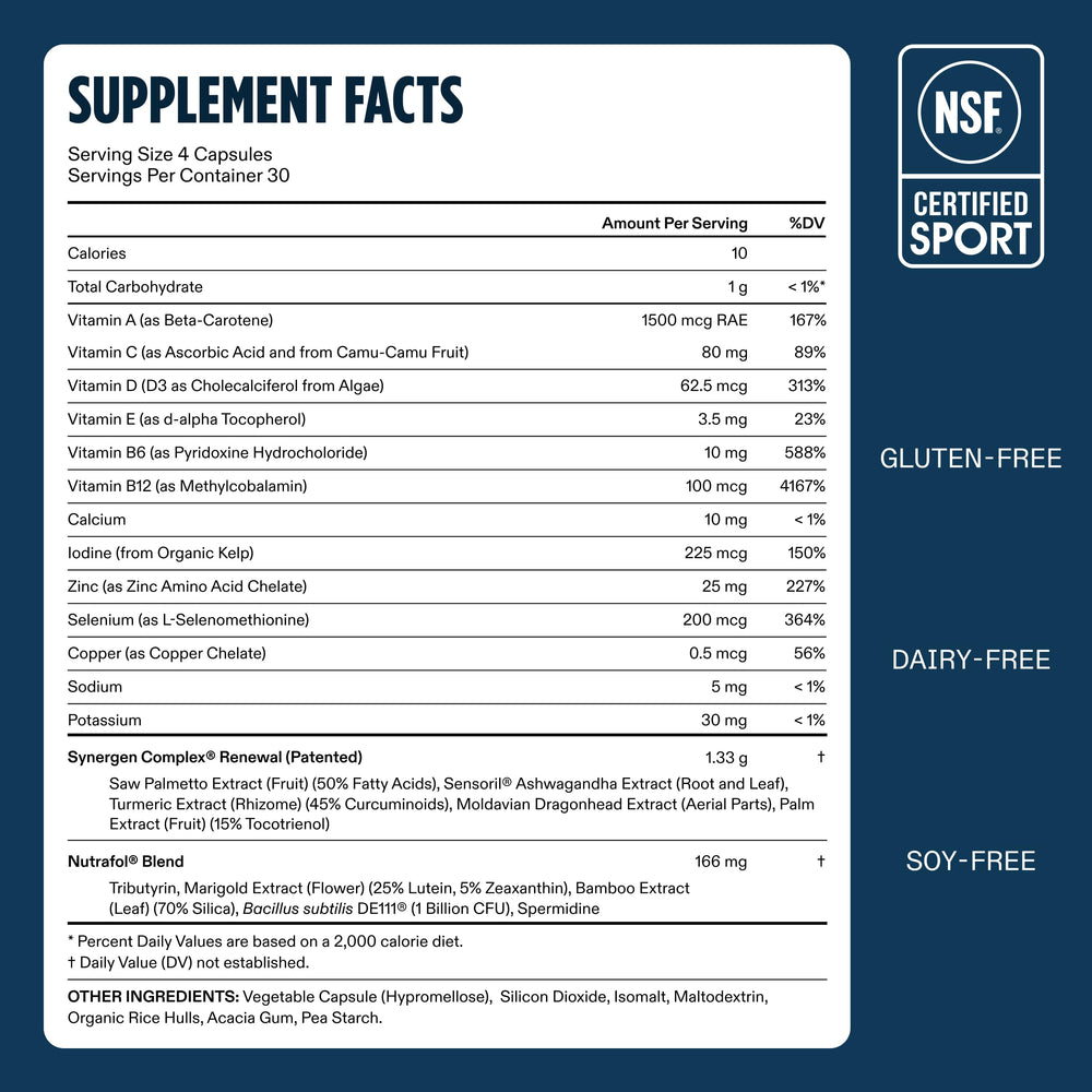 Nutrafol Men 50+ ingredient blend supports hair health and hormonal balance.