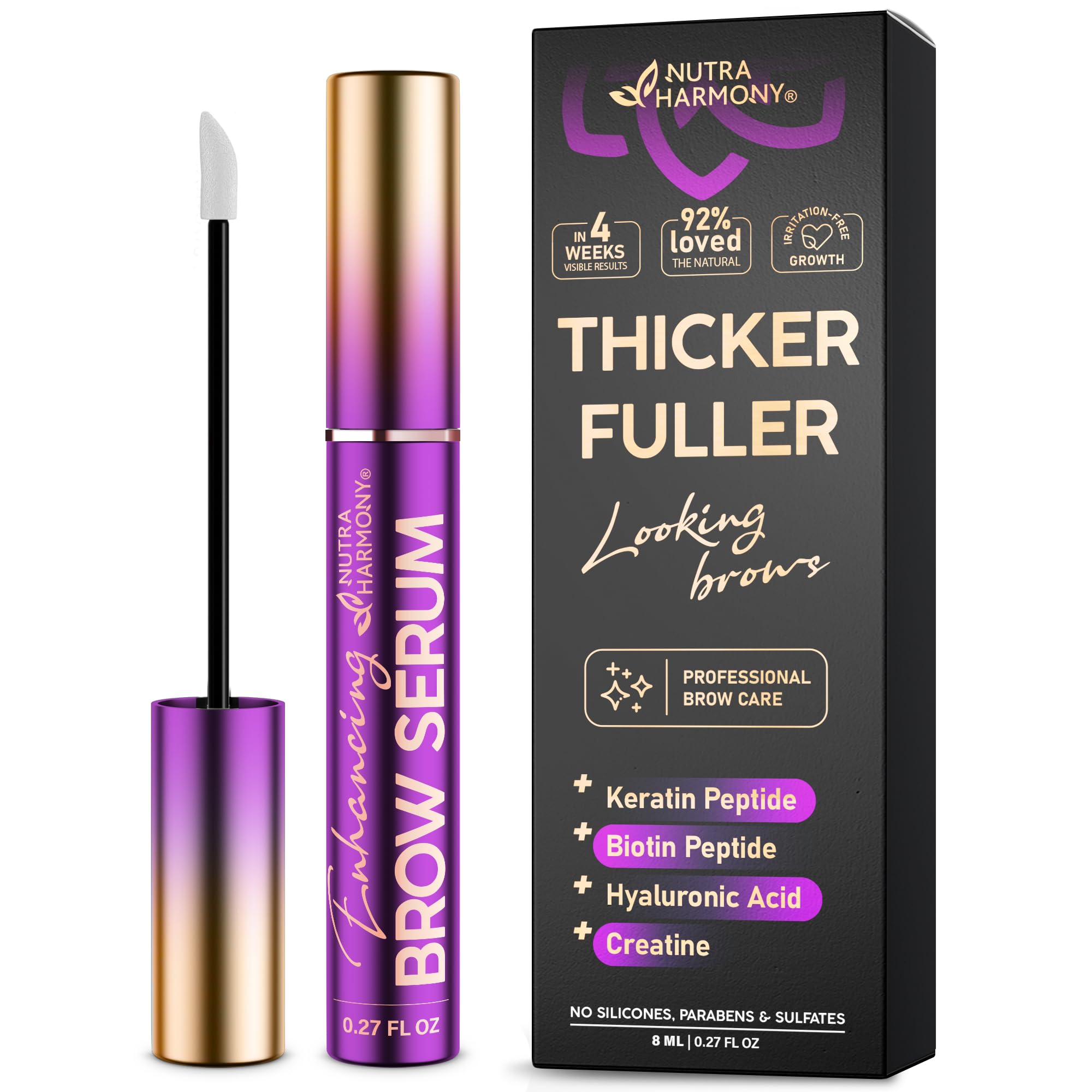 NUTRAHARMONY serum cejas, frasco visible, hidratación ligera para cejas más definidas.