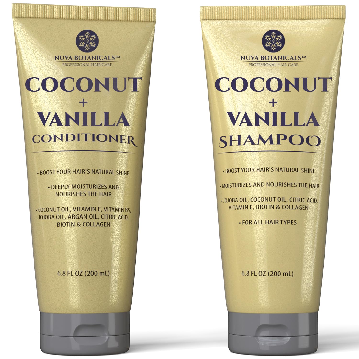 Nuva Botanicals Champú Coco-Vainilla en botella para cabello suave e hidratado
