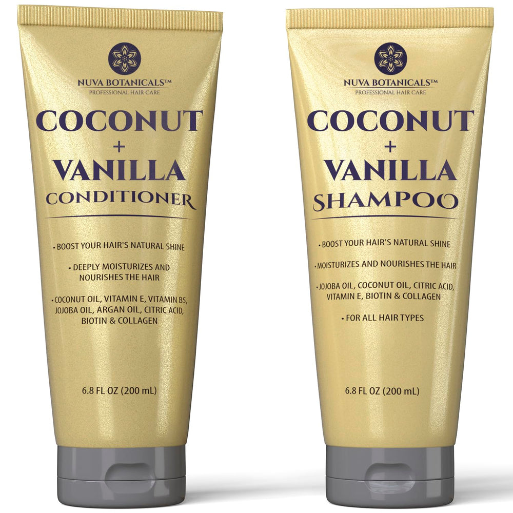 Nuva Botanicals Champú Coco-Vainilla en botella para cabello suave e hidratado