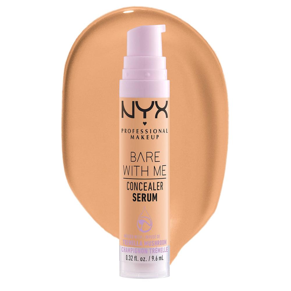 NYX Bare With Me Concealer Serum en aplicación con una pompa para piel hidratada.