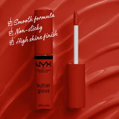 Aplicación cremosa de NYX Butter Gloss Apple Crisp para un acabado uniforme.