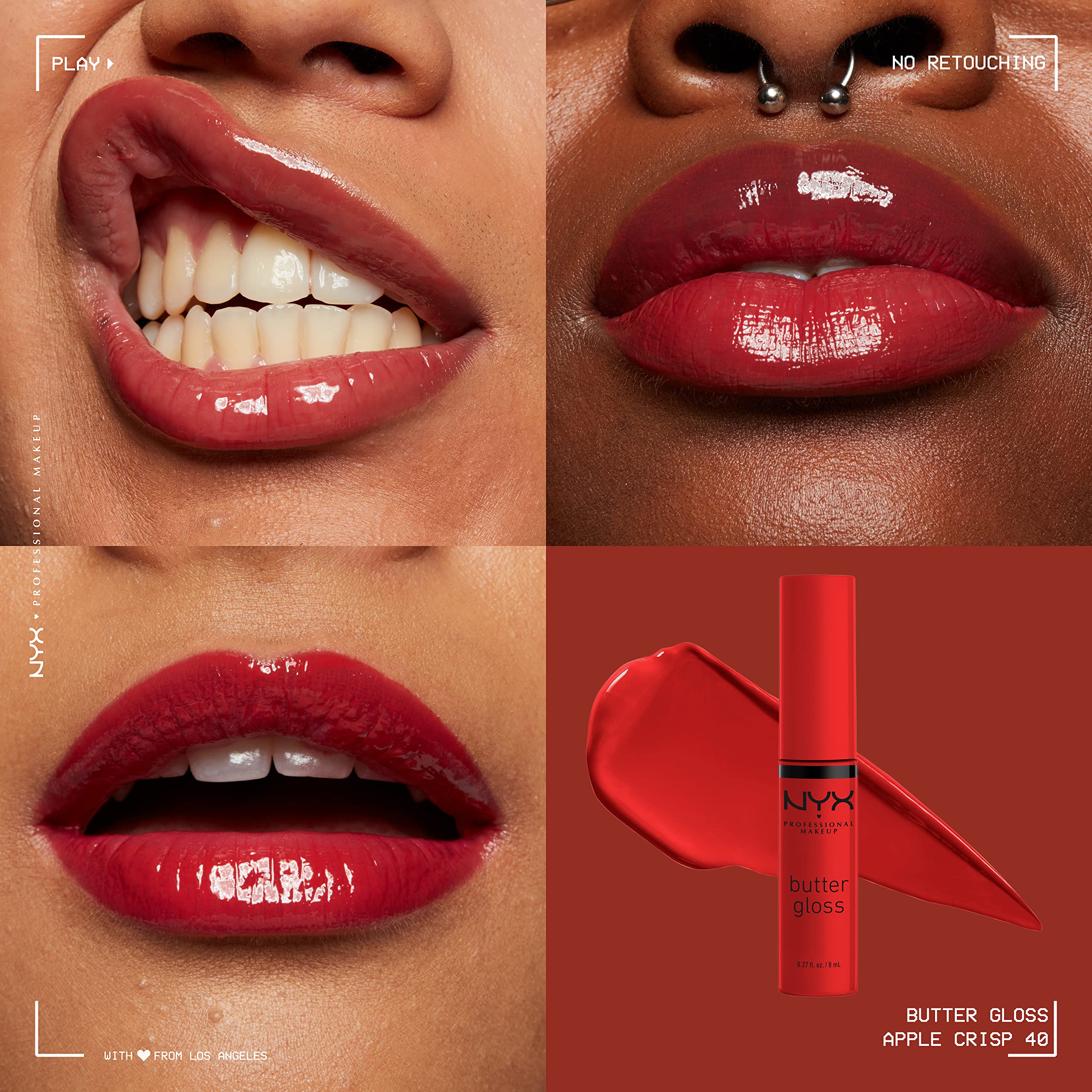 Beso suave y sin pliegues con NYX Butter Gloss Apple Crisp.