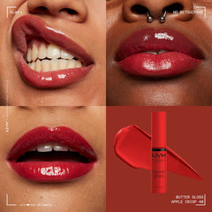 Beso suave y sin pliegues con NYX Butter Gloss Apple Crisp.