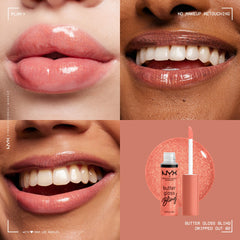 NYX Butter Gloss Bling tiene textura cremosa que facilita una aplicación uniforme.