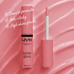 NYX Butter Gloss Brillo No Pegajoso: labios confortables y acabado suave.