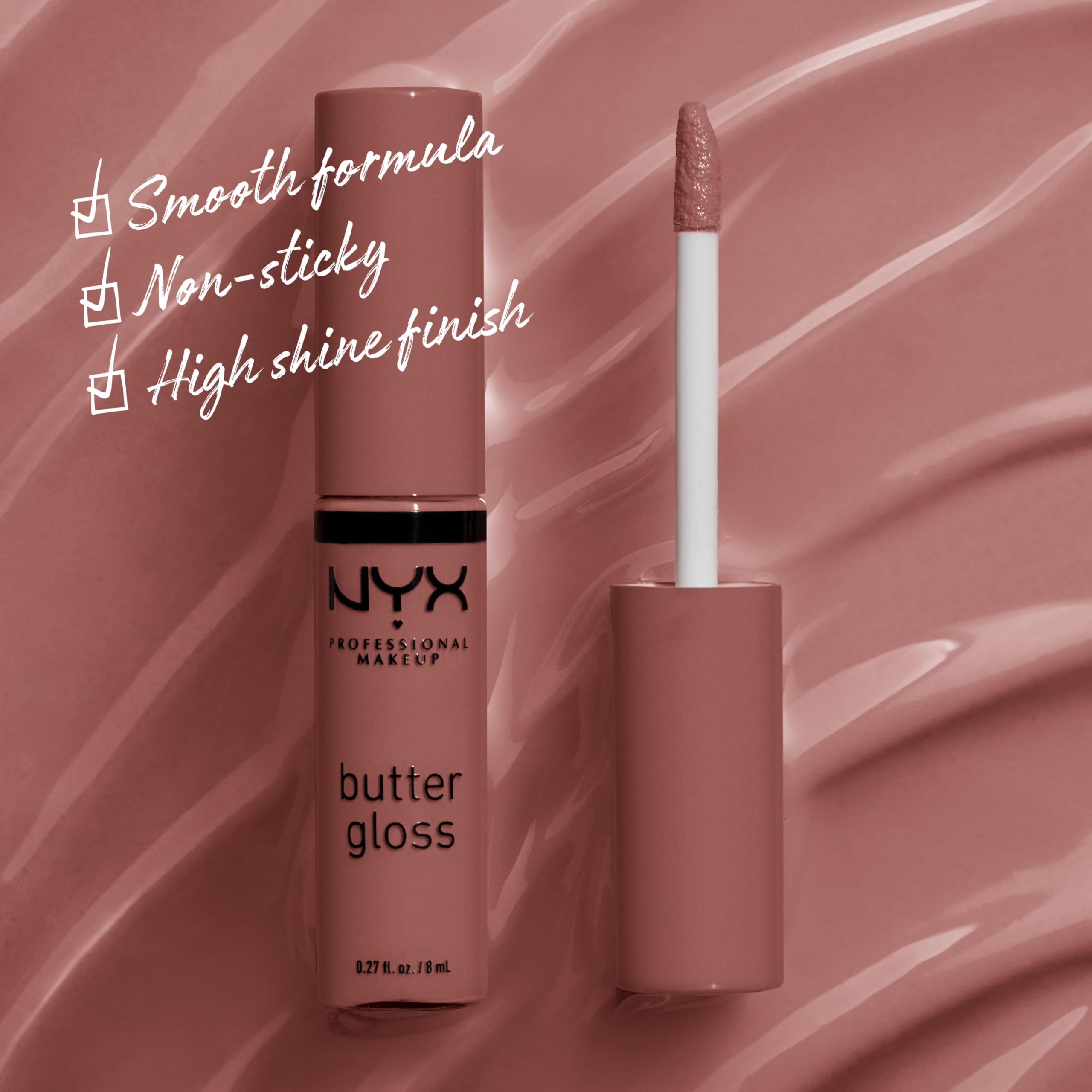Textura cremosa de NYX Butter Gloss Brown Sugar para tono neutro atractivo