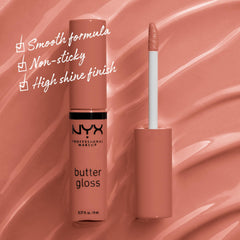 NYX Butter Gloss Brown Sugar, aplicación Sugar High suave y no pegajosa