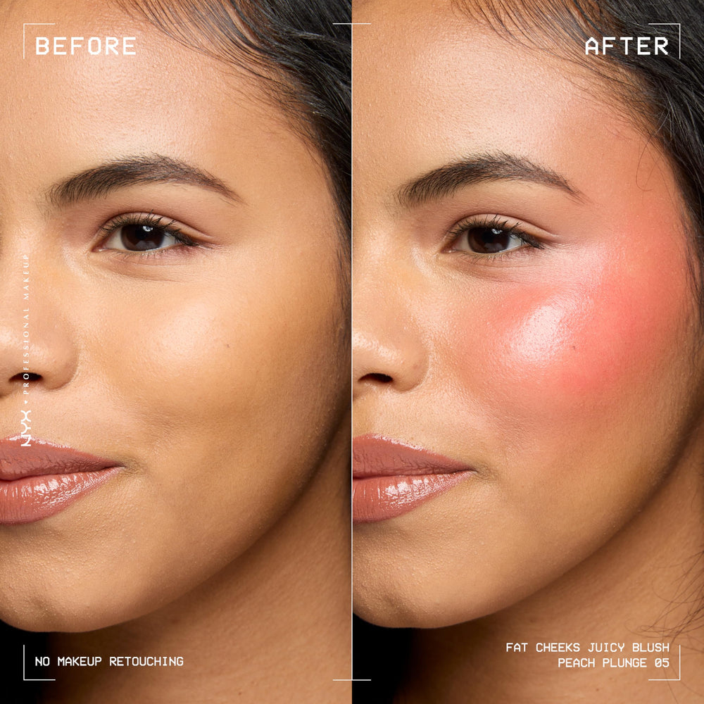 Aplicación suave de NYX Fat Cheeks Blush en la mejilla para un acabado natural.