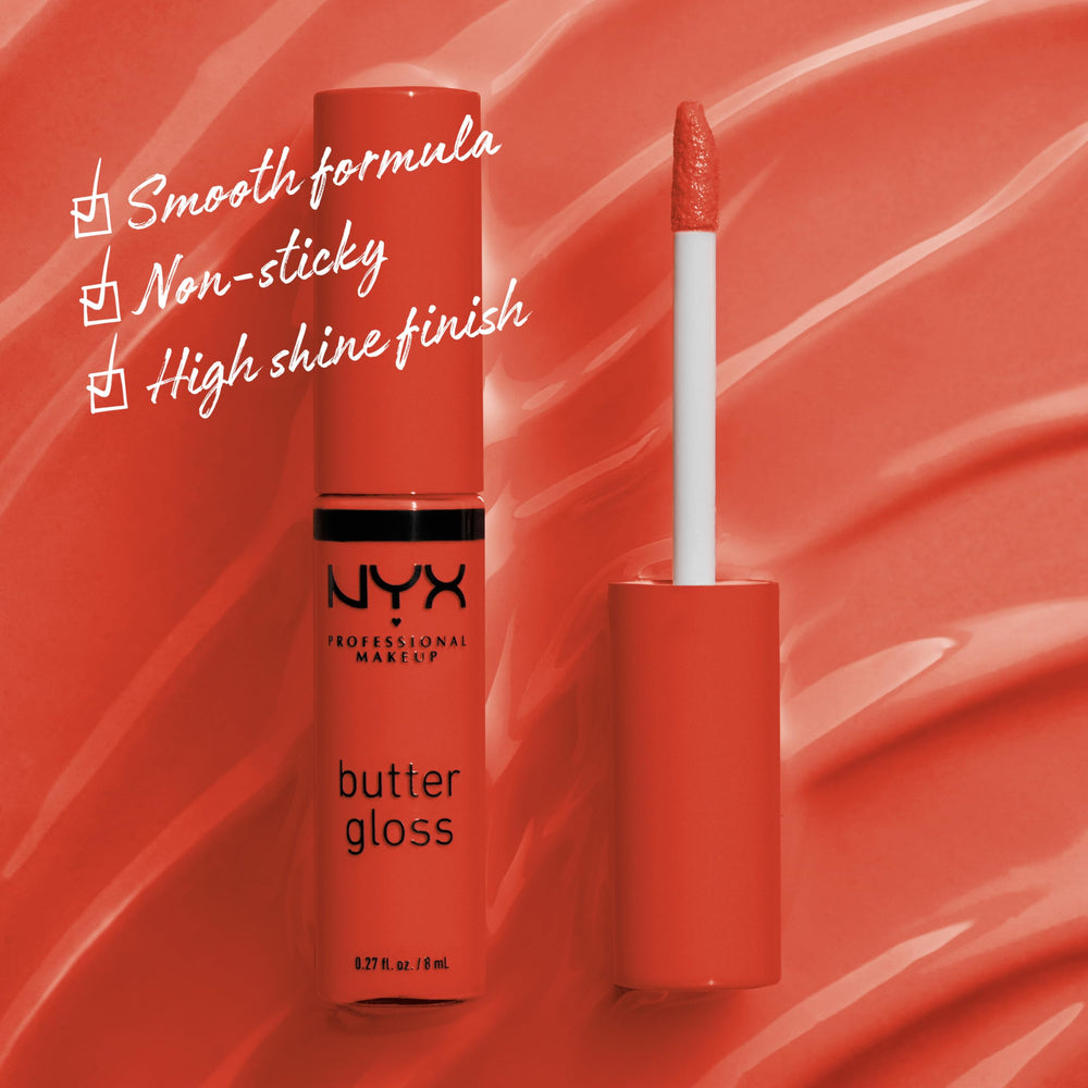 NYX Professional Makeup Butter Gloss, aplicación suave para un acabado natural en labios.