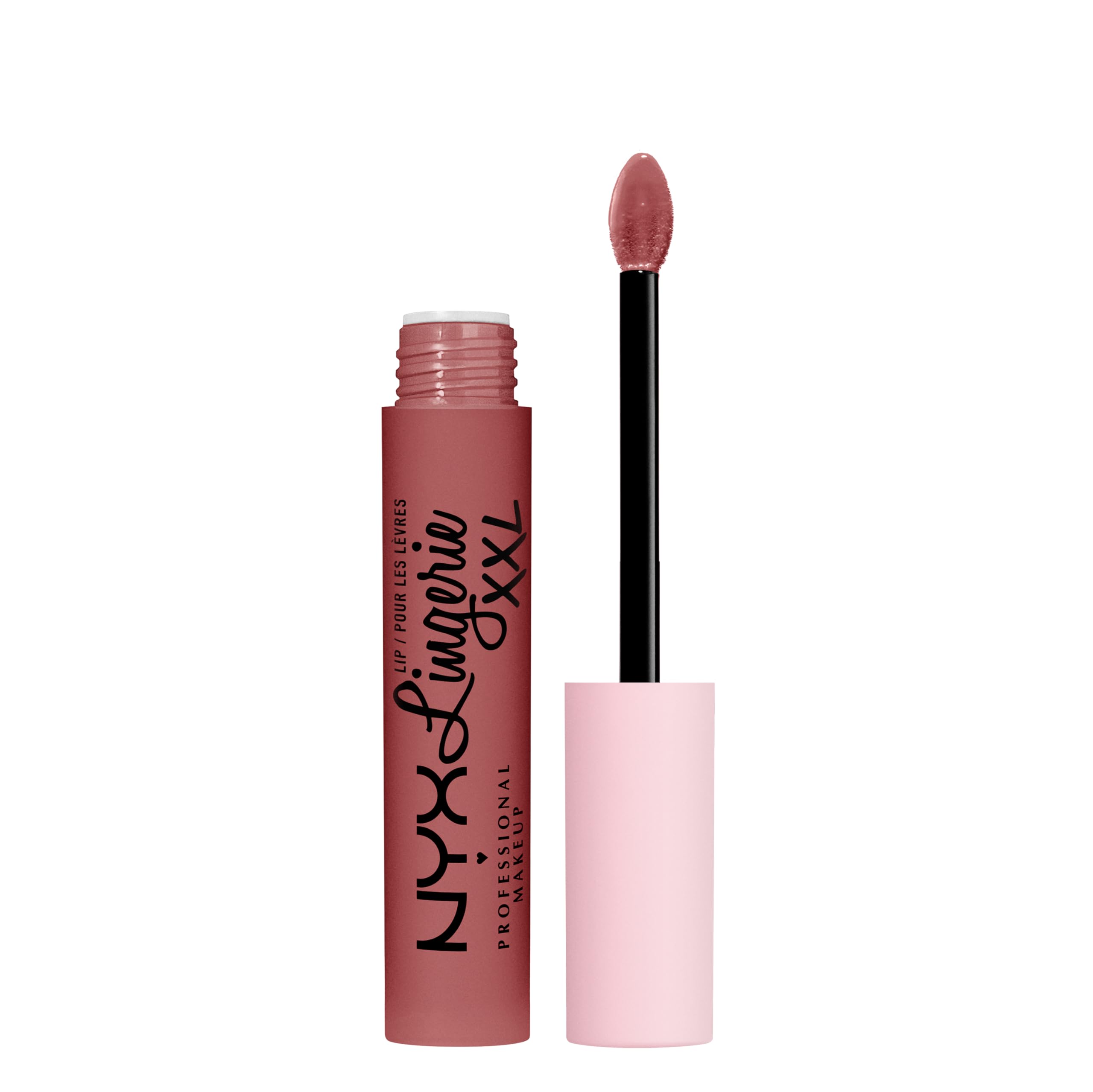 NYX Labial XXL Mate Strip'd Down en coral beige, acabado mate duradero.