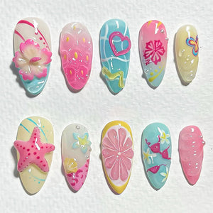 NZRAESTRS uñas postizas verano con estrella de mar 3D para look playero.