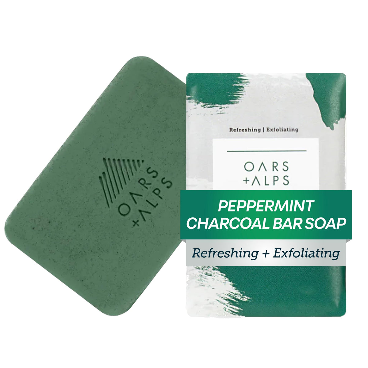 Jabón barra exfoliante Oars + Alps con carbón y menta para piel limpia.