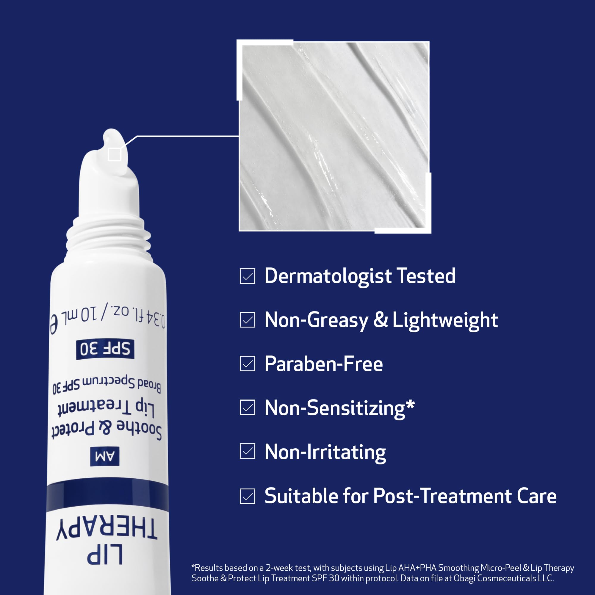 Cuidado post-tratamiento con Obagi Lip Therapy SPF 30 para recuperación suave.