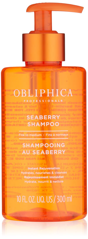 Obliphica Professional Seaberry champú, botella, limpieza suave que revitaliza el cabello.
