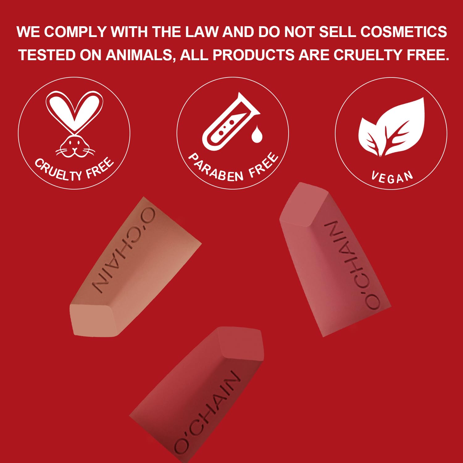 O'CHAIN rojo mate labio vegano y libre de gluten.
