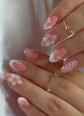 Uñas OCOUYVD press on con diseño floral y perla 3D para un look elegante