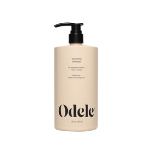 Odele Volumizing Shampoo bottle shows sleek design for weightless moisture and shine
