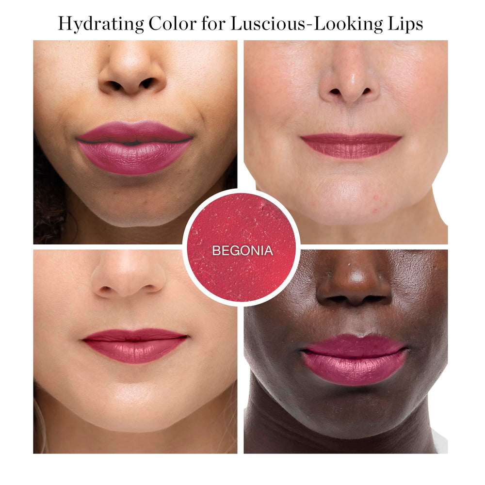Ogee Begonia lip oil hidratante con brillo sutil en los labios.