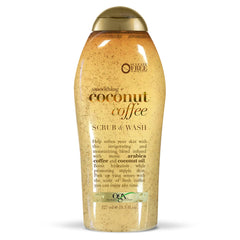 OGX alisante cafe coco exfoliante corporal, botella, piel suave y nutrida.