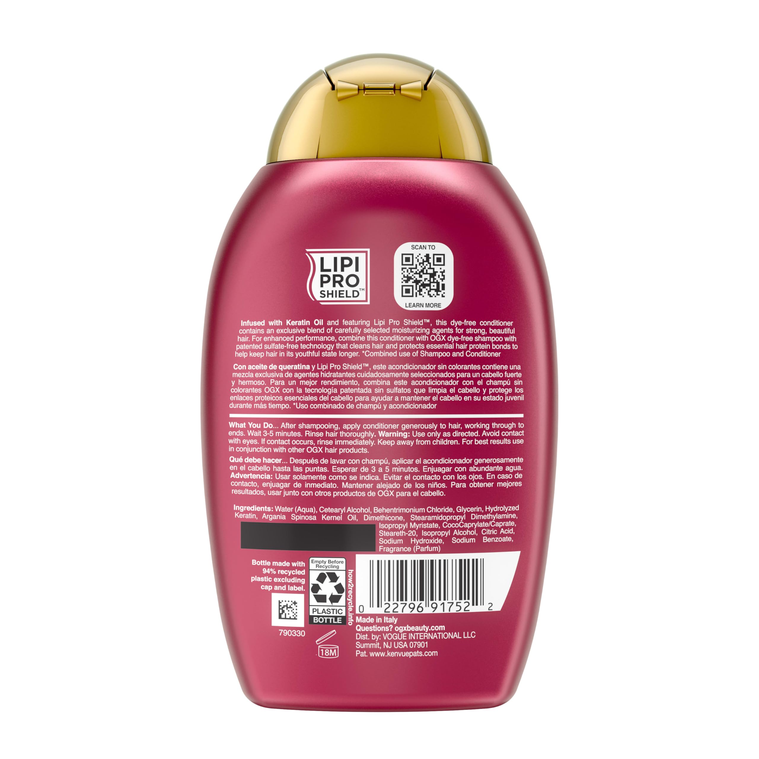 OGX Acondicionador Antiequiebre, aceite de keratina y aroma tropical para hidratación.