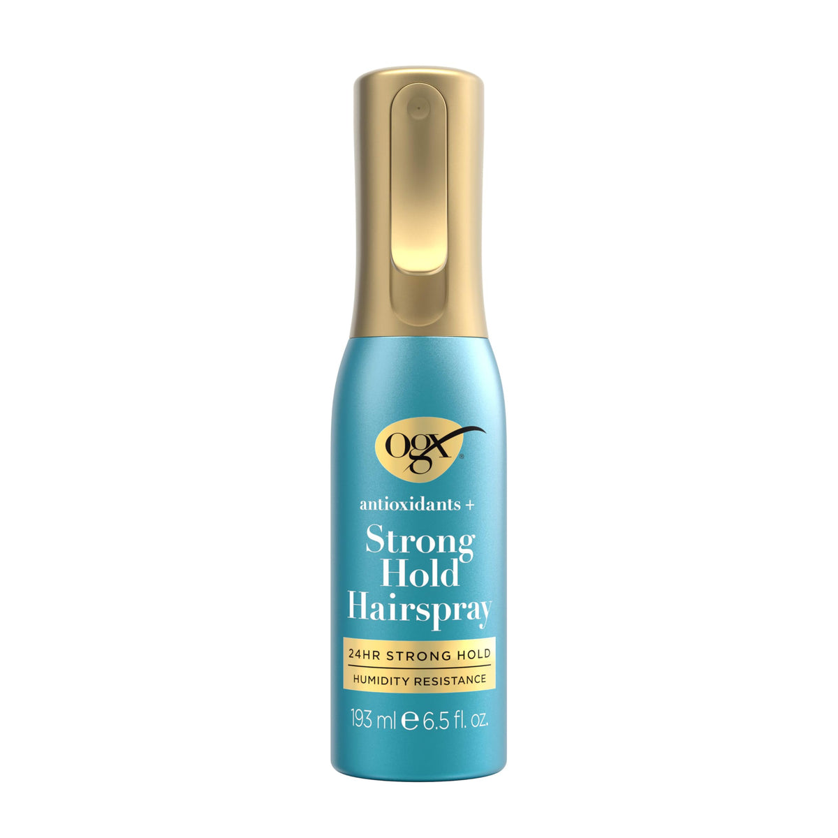 OGX Antioxidants + Strong Hold Hairspray: botella con spray continuo para fijación duradera.