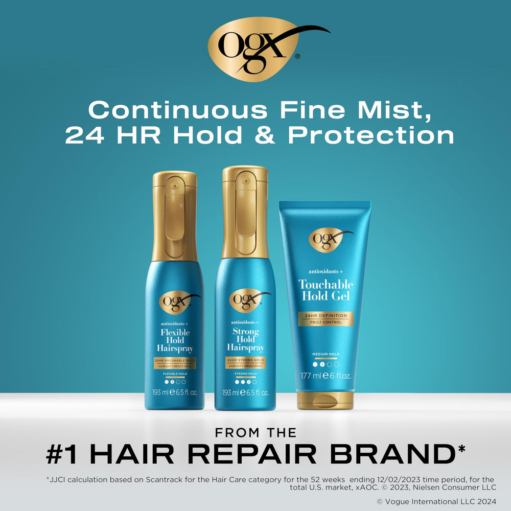OGX Antioxidants + Strong Hold Hairspray: fórmula libre de parabenos para uso diario.