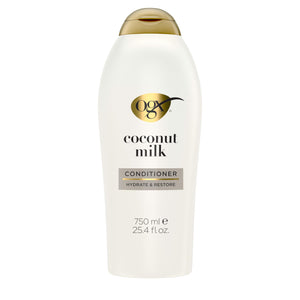 OGX Nourishing + Coconut Milk Acondicionador: empaque cercano realza hidratación y suavidad.