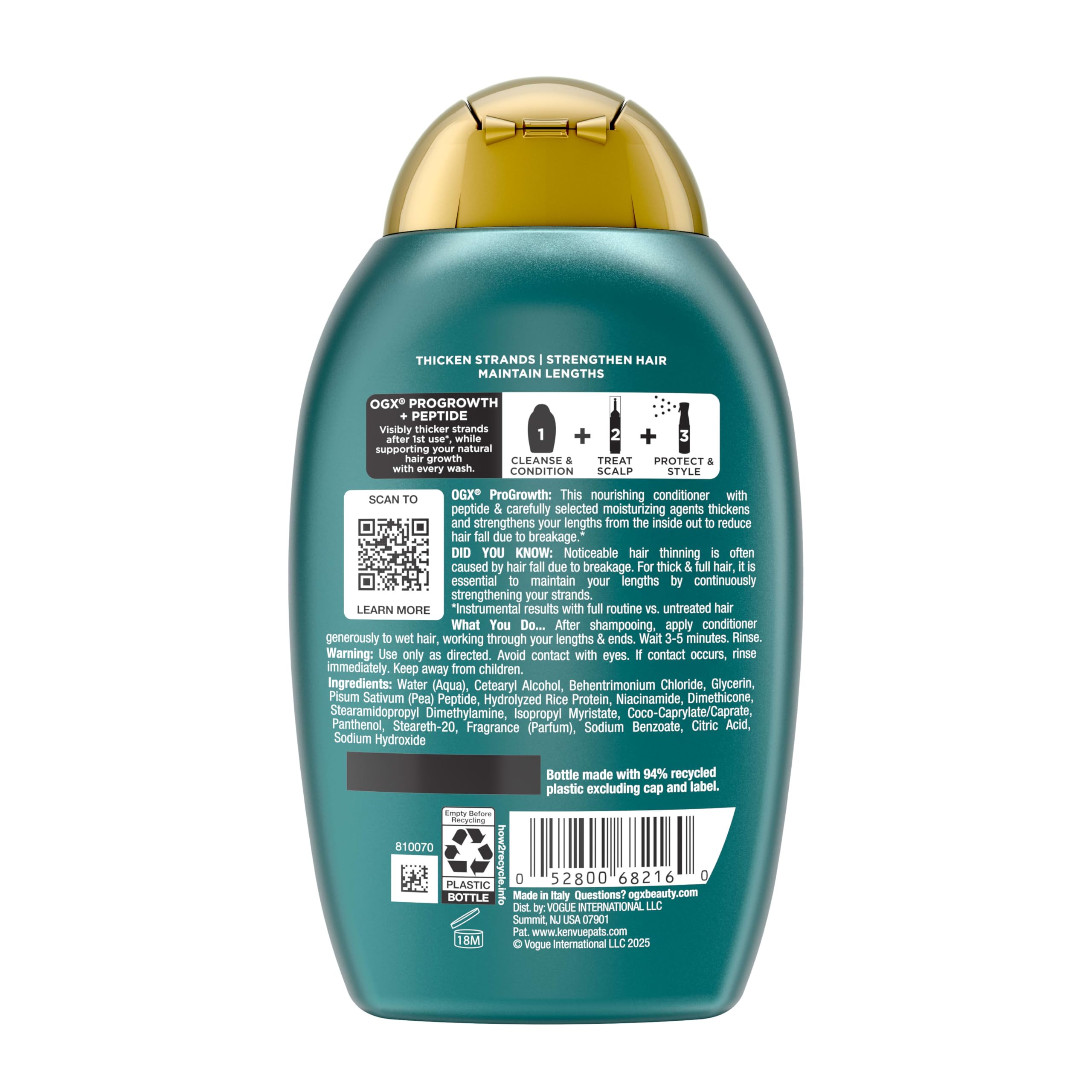OGX ProGrowth + Peptide, aplicar tras champú y dejar 3-5 minutos para nutrir