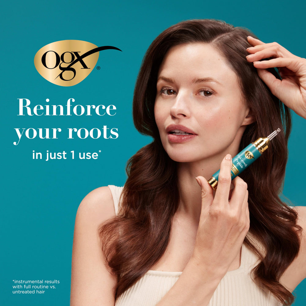 OGX ProGrowth + Peptide Serum, gota en cuero cabelludo para reforzar raíces.