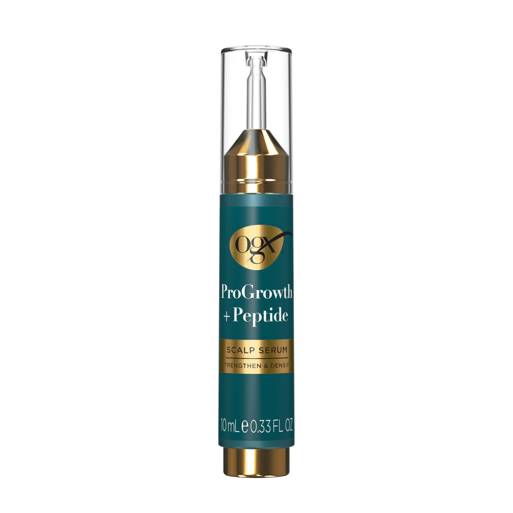 OGX ProGrowth + Peptide Serum en botella, hidrata suavemente el cuero cabelludo.
