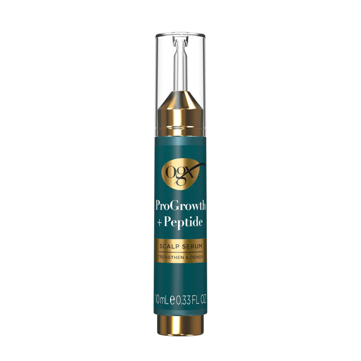 OGX ProGrowth + Peptide Serum en botella, hidrata suavemente el cuero cabelludo.