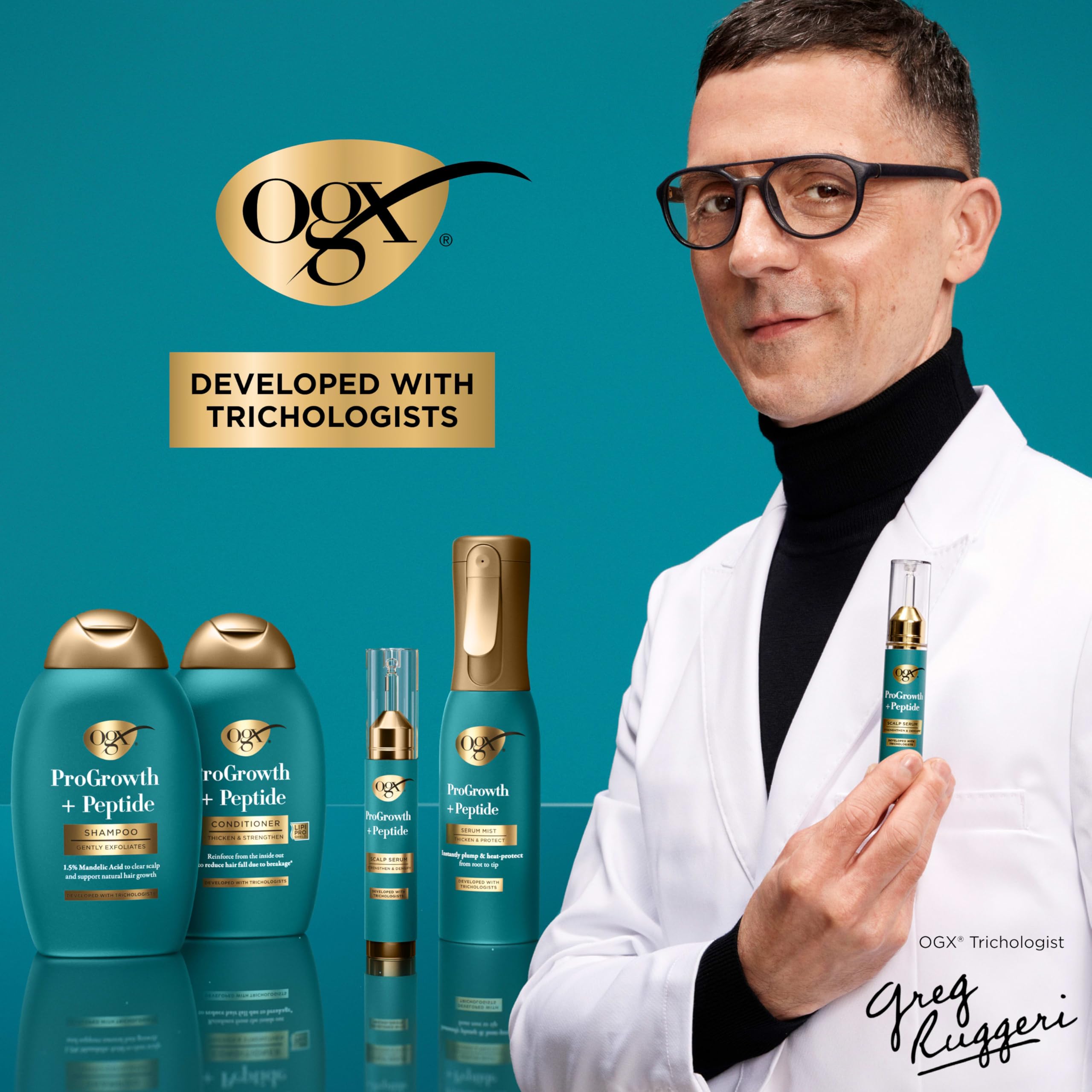 OGX ProGrowth + Peptide Serum, cuero cabelludo hidratado favorece crecimiento natural.