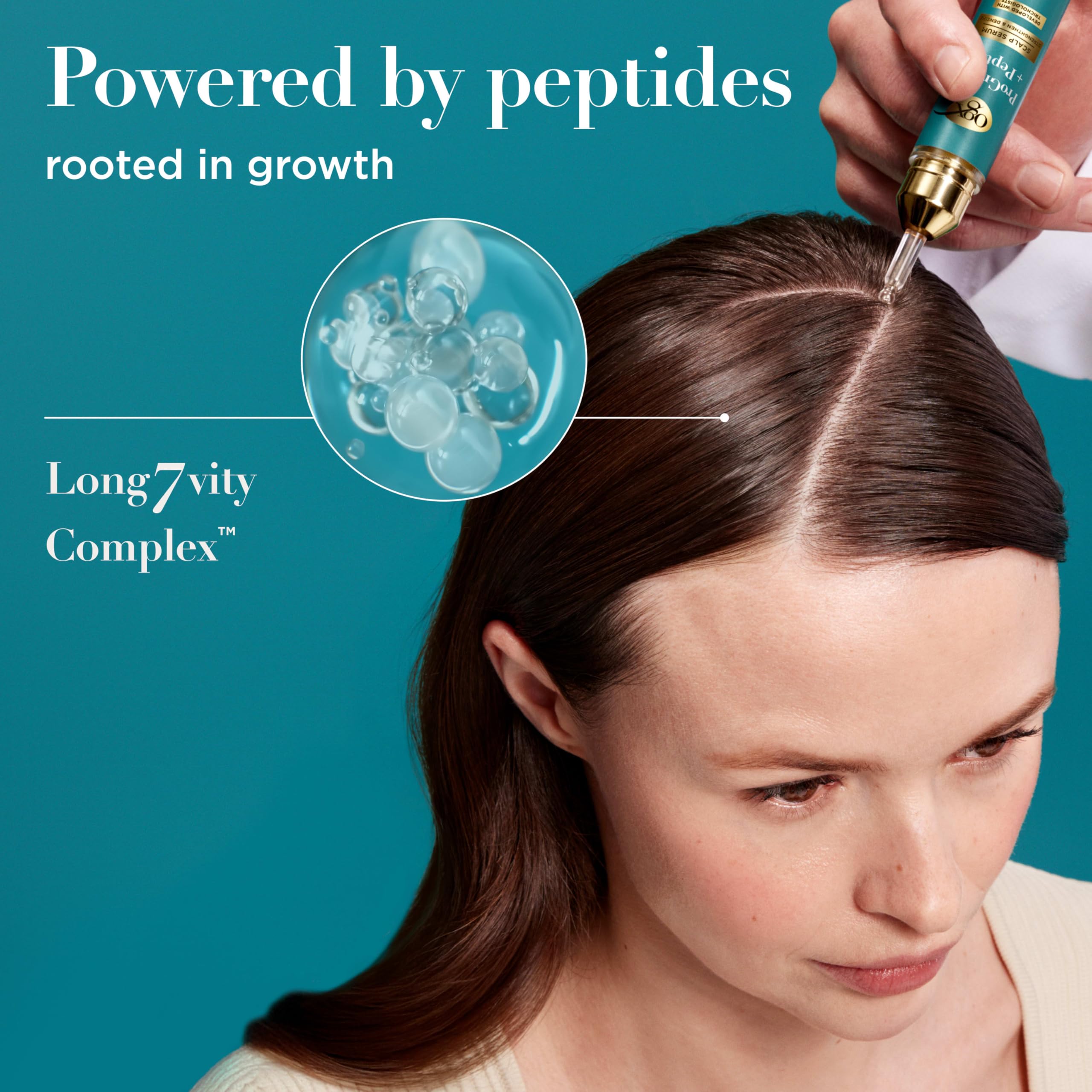 OGX ProGrowth + Peptide Serum, masaje suave para estimular la circulación del cuero cabelludo.