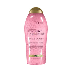 OGX para piel sensible: botella con agua de rosas y sal rosa exfoliante para piel suave